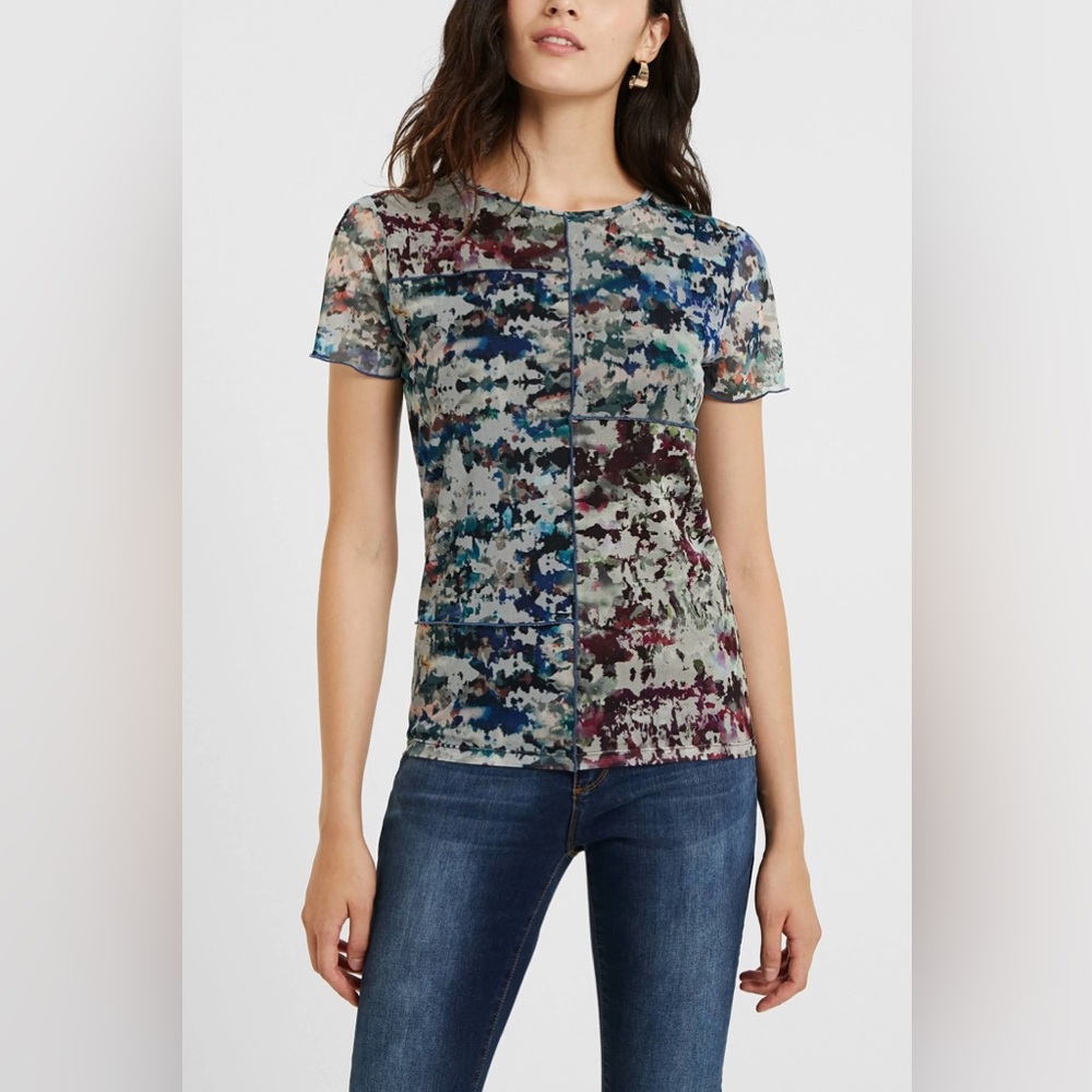 DESIGUAL Slim Tulle Tapestry T-Shirt Sz S Abstract Colourful Flutter Sleeves Top